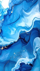 Abstract Blue and White Watercolor Background with Gold Veins