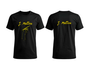 Two black t-shirts, yellow text, front has abstract yellow design