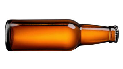 Brown glass bottle lying horizontally, featuring a metal cap, containing a beverage, isolated against a transparent background