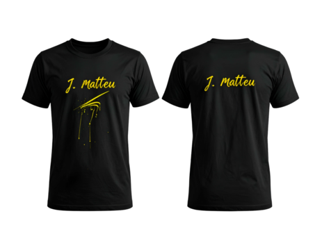 Two black t-shirts, yellow text, front has abstract yellow design