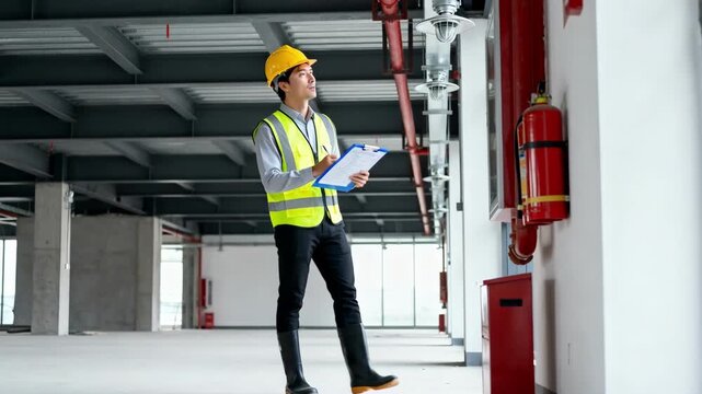 Medium shot of inspector reviewing building safety features with protective gear ensuring compliance with structural and fire safety regulations on site.