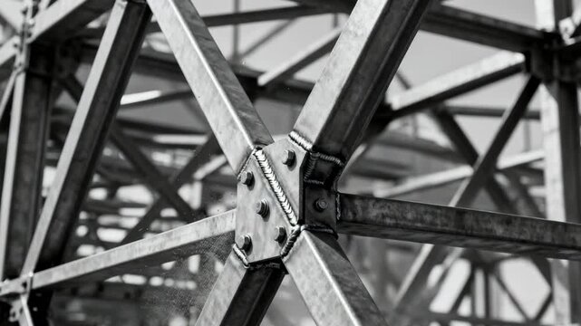 Close medium shot capturing the lattice steel truss structure emphasizing crisscrossing steel bars and geometric complexity for enhanced tensile strength.