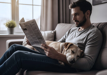 Relaxed man reading newspaper on the sofa with his dog sleeping comfortably on his lap. Leisure, cozy domestic life, and pet companionship.