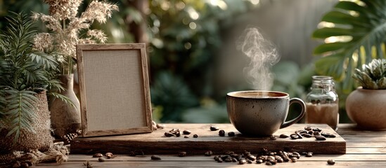 Aesthetic coffee and decor setup with frame and nature background creating a cozy atmosphere