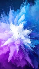 Dynamic explosion of vibrant purple, blue, and white powder creating an ethereal, abstract cloud of pigment. A mesmerizing burst of energetic color in a captivating visual display