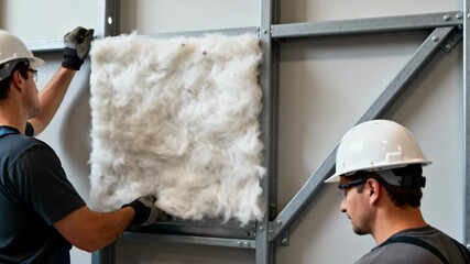 Medium shot of workers installing acoustic batting insulation inside steel wall frames to improve sound absorption and reduce noise transmission.