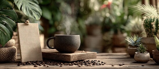 Aesthetic coffee cup with greenery and rustic elements on a wooden table, cozy scene