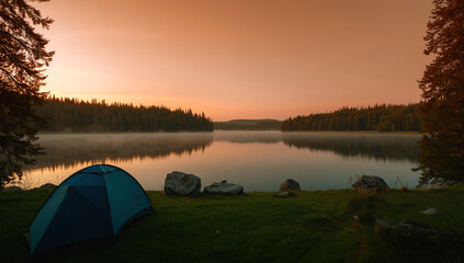 A blue tent stands beside a remote lake during dawn or dusk. Trees reflect clearly in the calm water, which is softly covered by a thin layer of mist