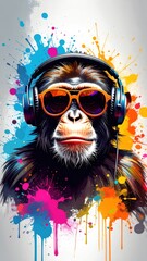 Vibrant Monkey DJ with Sunglasses and Headphones, Surrounded by Colorful Paint Splatters