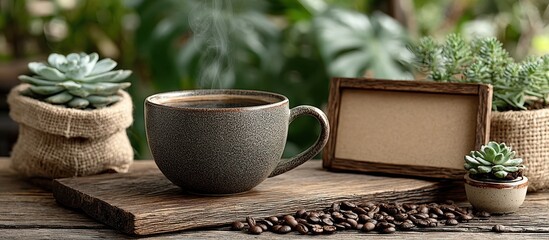 A cup of coffee with succulent plants and coffee beans on a wooden table
