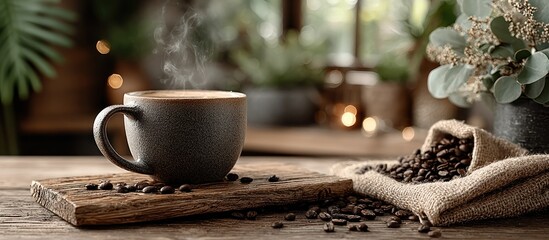 Steaming coffee cup and coffee beans on a wooden board, close up shot with blurred background