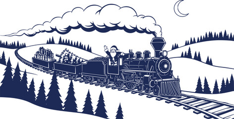 Christmas train. Santa Claus in a toy train with gifts and Christmas tree. Monochrome vector illustration. EPS version.
