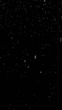 Realistic snow falls across the screen on black background, falling snowflake particle effects for christmas holiday celebration, overlay natural winter storm weather vertical backdrop