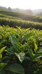 Young tea leaf sprout morning dew in green tea plantation with soft sunlight and misty hills