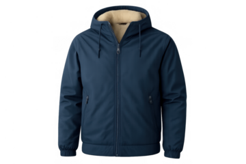 Warm winter jacket in a dark blue color featuring a cozy sherpa lining and adjustable hood, ready for cold weather