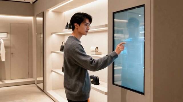 Medium shot capturing a shopper navigating product information on a sleek touchsensitive glass panel within a stylish retail booth environment.