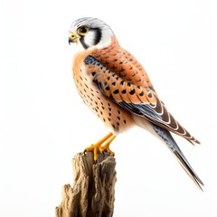 American kestrel perched on a weathered stump in a studio setting