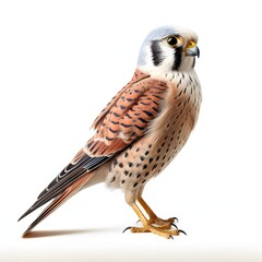 Obraz premium Beautiful american kestrel stands tall on a white background in a studio setting