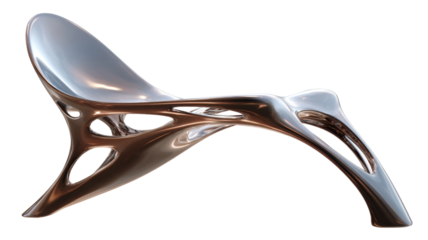 Fluid futuristic lounge chair design showcasing organic sculptural form and metallic finish on transparent background