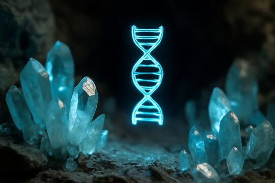 AI generated stunning crystalline genome cave with a hologram DNA helix floating above glowing mineral formations casting soft blue light on the rocky cave floor.