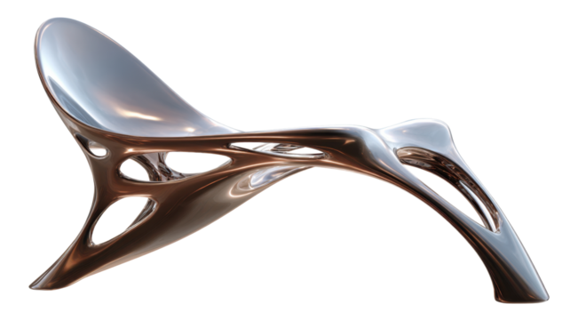 Fluid futuristic lounge chair design showcasing organic sculptural form and metallic finish on transparent background