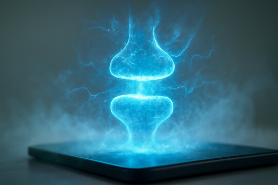 AI generated dynamic holographic synapse firing diagram amidst glowing electric mist, creating a futuristic and scientific atmosphere with ethereal energy tendrils and a soft reflective surface.