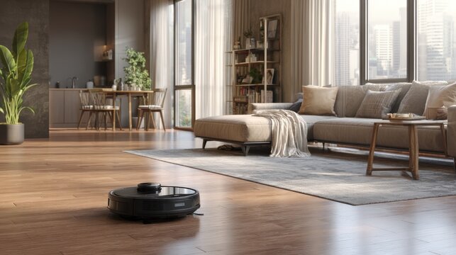 Hybrid cleaning robot combines vacuum and mop functions transitioning seamlessly between carpeted and tiled surfaces to maintain spotless floors in sleek apartment interior.