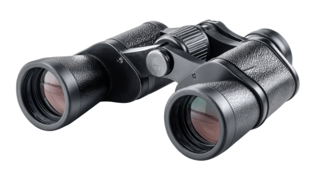Binoculars tool for observation, adventure, and exploration, offering magnification and a detailed view, transparent background