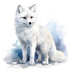 Fototapeta premium Elegant arctic fox sitting serenely with a curious gaze, rendered in watercolor style