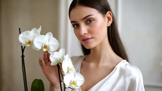 Beautiful young woman with long hair and perfect skin holding a white flower near her face, spa and beauty care concept