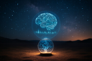 AI generated glowing holographic brain projected in a desert under a starry cosmic sky with an intricate brain-wave chart. Perfect for futuristic and scientific themes.