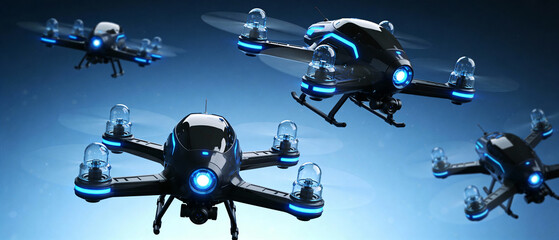 A swarm of sleek, black futuristic drones with glowing cyan neon lights and transparent rotor domes hovers in formation against a deep blue sky, quadcopter fleet