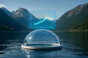 AI generated futuristic dome floating on a serene lake with a holographic graph above it displaying oxygen uptake, surrounded by mountains and nature.
