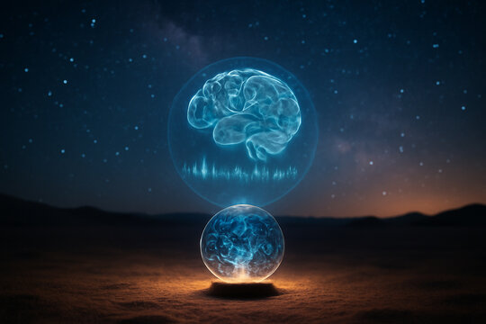 AI generated glowing holographic brain projected in a desert under a starry cosmic sky with an intricate brain-wave chart. Perfect for futuristic and scientific themes.