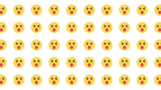 Repeating pattern of yellow shocked face emojis on white. Suitable for social media graphics, website backgrounds, and digital design projects.