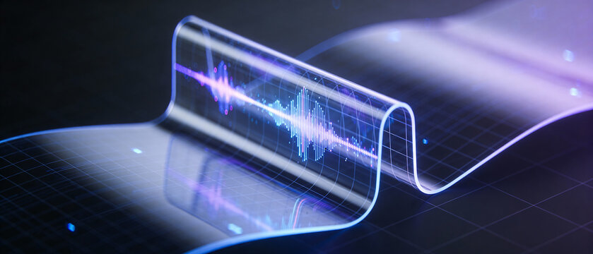 A glowing bendable holographic ribbon unfurls in a dark cyberpunk void, displaying a vibrant neon sound wave visualization in purple and blue. Futuristic, sleek, immersive tech art
