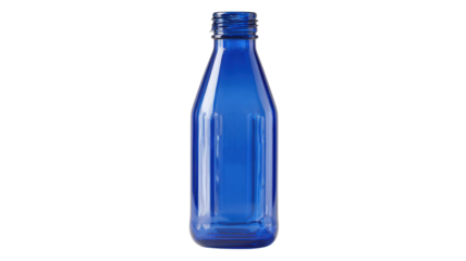 Empty blue glass bottle with screw top packaging for water, drinks, or liquor on transparent background