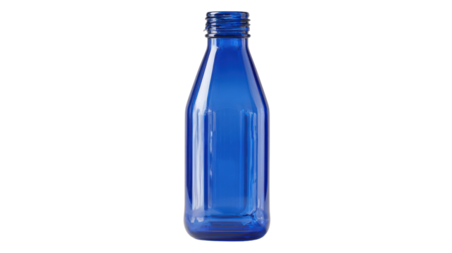 Empty blue glass bottle with screw top packaging for water, drinks, or liquor on transparent background