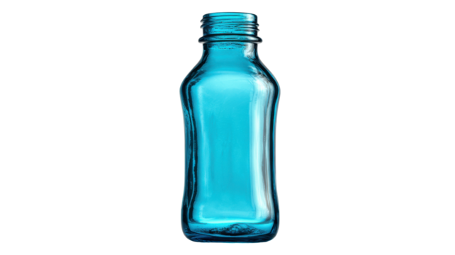Empty transparent blue glass bottle for recycling, clean reusable container with no labels on a checker background