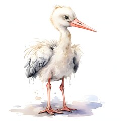 Obraz premium Adorable baby stork stands tall in watercolor illustration against white background