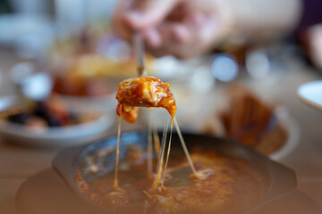 Delicious Shakshuka Melted Cheese Dip With Tomato Sauce Served In Cast Iron Skillet, For Restaurant Menu And Food Blogs