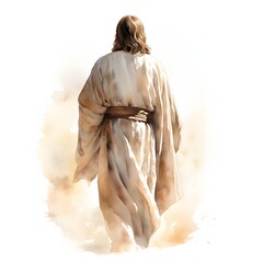 Figure in white robe walks into the light in watercolor style