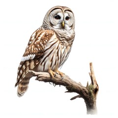 Fototapeta premium Majestic barred owl perched gracefully on a weathered branch against a light background