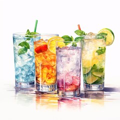 Fototapeta premium Refreshing assorted drinks with ice cubes, fruits, and mint in watercolor style