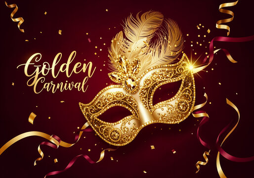 Elegant Golden Carnival Poster with ornate Venetian mask, luxurious feathers, and jewels on a deep burgundy background.