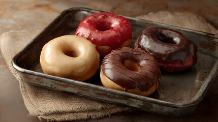 Gourmet donuts on a vintage metal tray, an indulgent treat for any occasion