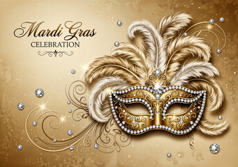 Golden luxury Mardi Gras mask with feathers and glittering diamonds on an elegant celebration background.