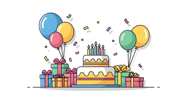 A festive birthday cake surrounded by colorful balloons and gift boxes with confetti, ideal for celebratory invitations and decorations