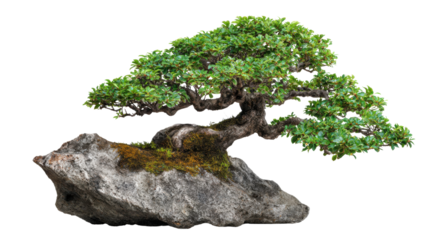 Bonsai tree growing on rock with lush green foliage and transparent background for design and nature concepts
