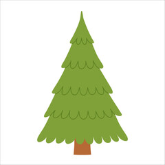 Simple soft evergreen tree with smooth curved layered branches. Bright green tones. For Christmas, winter, forest, holiday, kids, and nature graphics. Flat vector. Hand drawn. Isolated background.